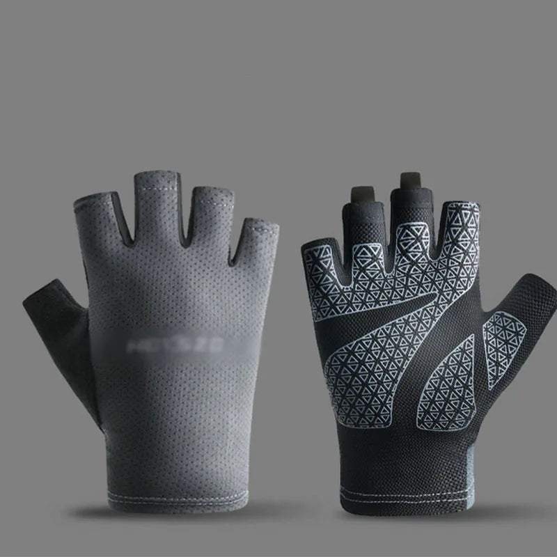 Fingerless cycling gloves in grey and black with a geometric triangular grip pattern on the palms.