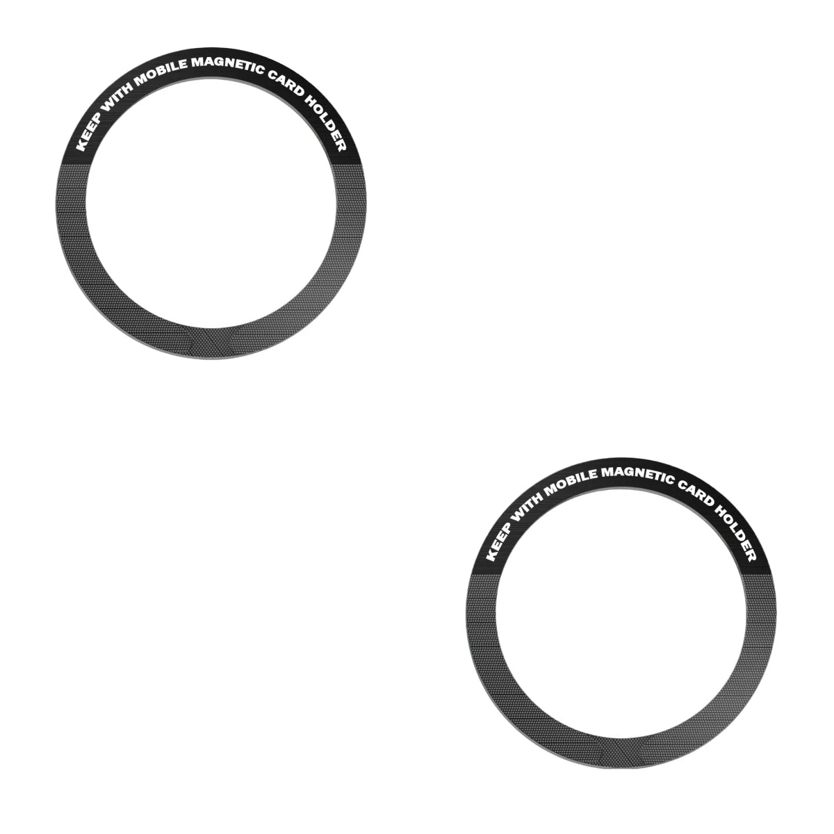 Two grey circular magnetic rings for mobile card holders with textured patterns and printed text on a white background.