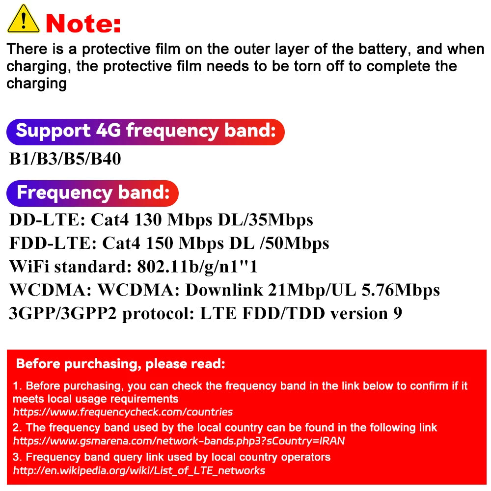 Portable white 4G LTE wireless Wi-Fi hotspot with SIM card slot and technical specifications displayed on a white background.