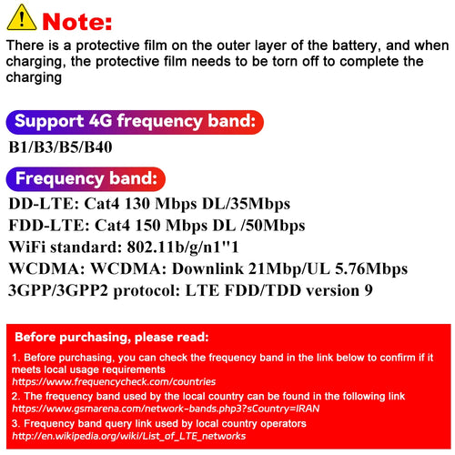 Portable white 4G LTE wireless Wi-Fi hotspot with SIM card slot and technical specifications displayed on a white background.