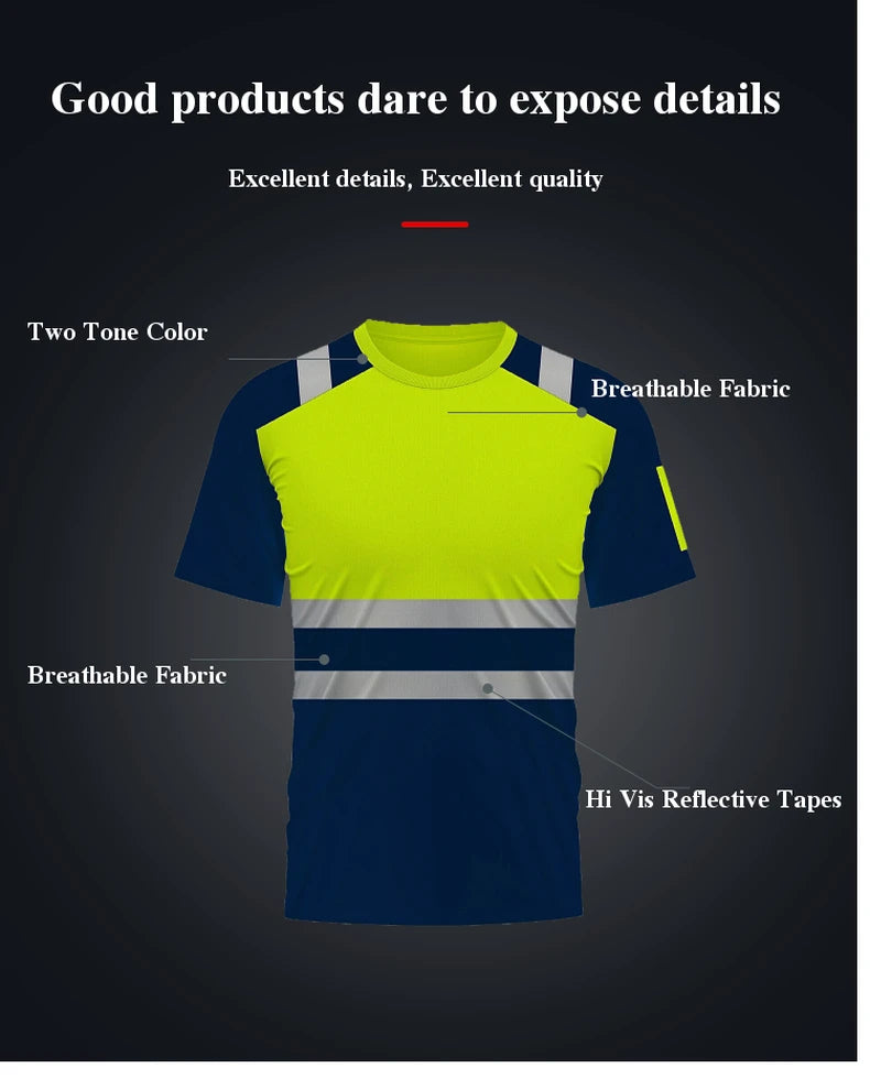 Two-tone yellow and navy breathable work shirt with short sleeves and reflective safety tape.