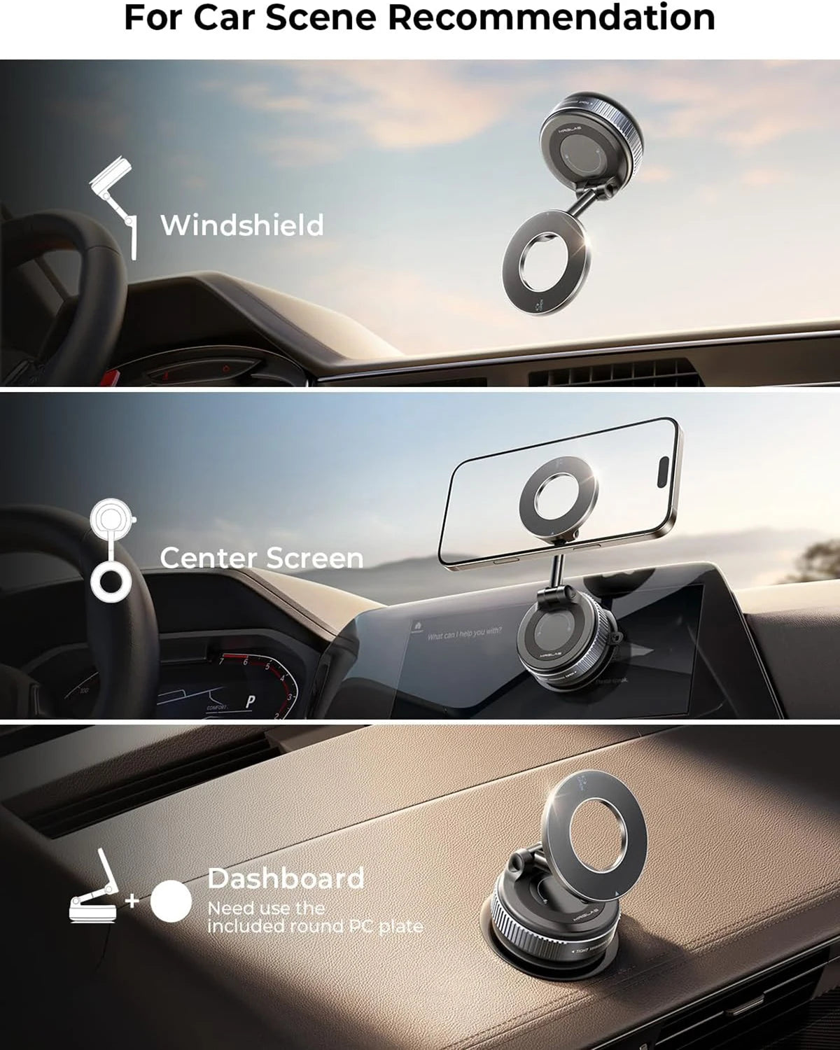 Adjustable black magnetic phone mount for car windshield, center screen, or dashboard with a sleek, circular design.