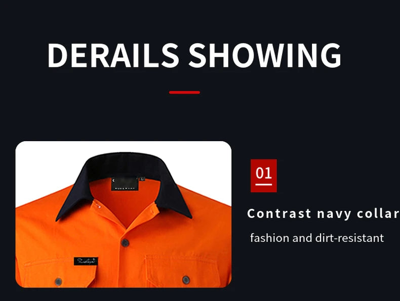 Close-up of a hi-vis orange long-sleeve polo shirt featuring a contrast navy blue collar.