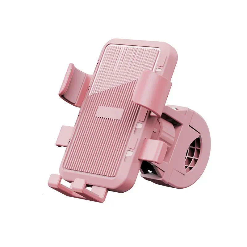 Adjustable dusty pink phone holder for bicycles or motorcycles with secure side-grip clamps.
