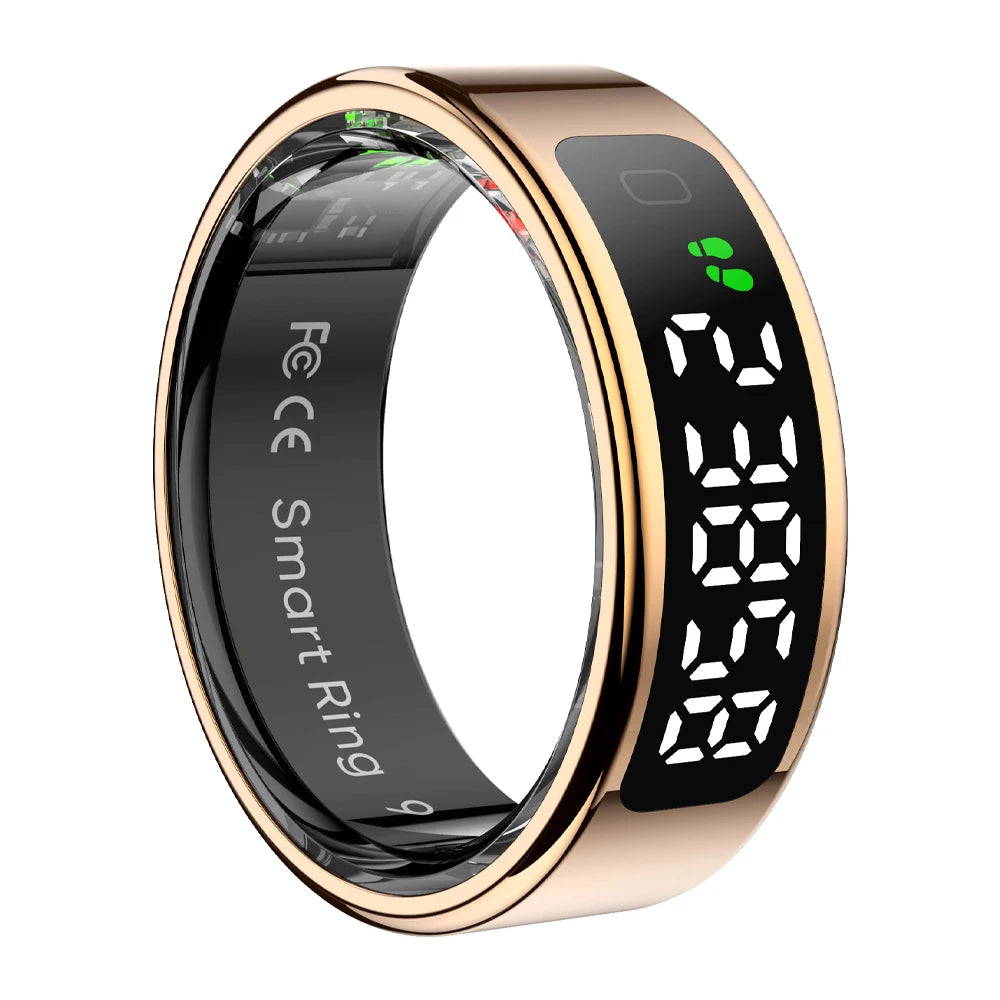 Rose gold smart ring featuring a black digital display showing step count and health data.