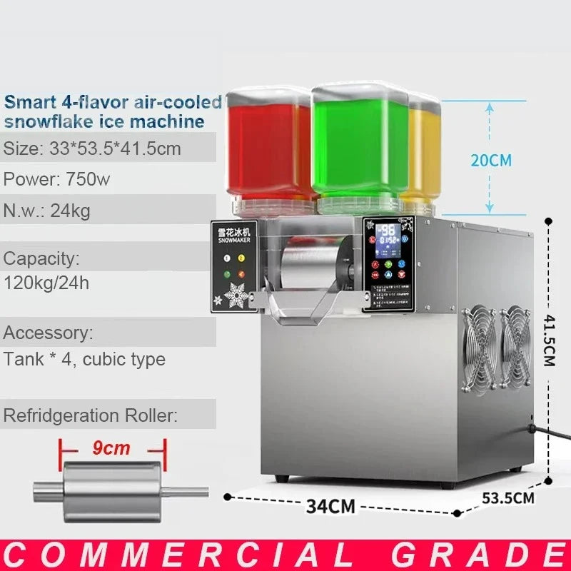 Stainless steel commercial snowflake ice machine with four colourful flavour tanks and a digital control panel.