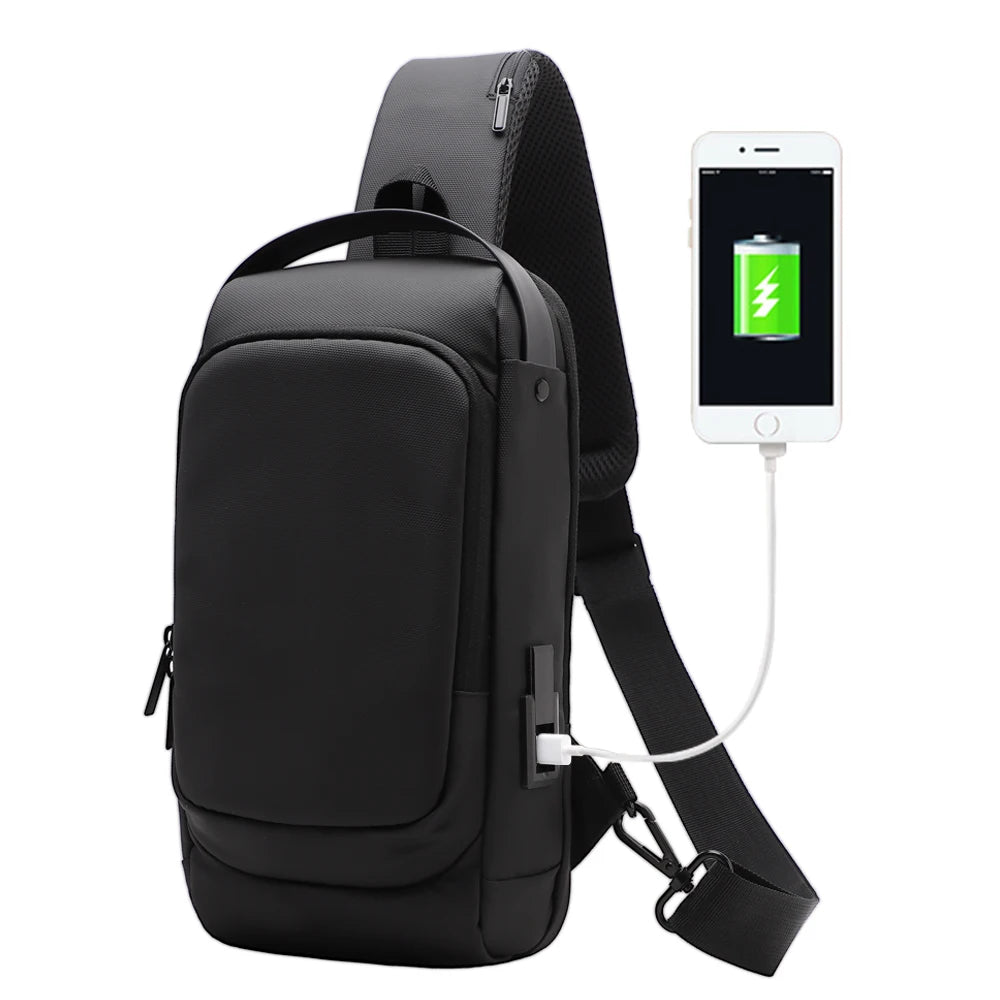 Black waterproof crossbody sling bag with an integrated USB charging port and a phone connected via cable.