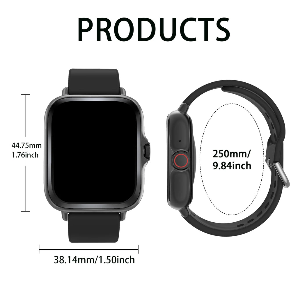 Black smartwatch with silicone strap and square touchscreen. Side and front views shown with dimensions.
