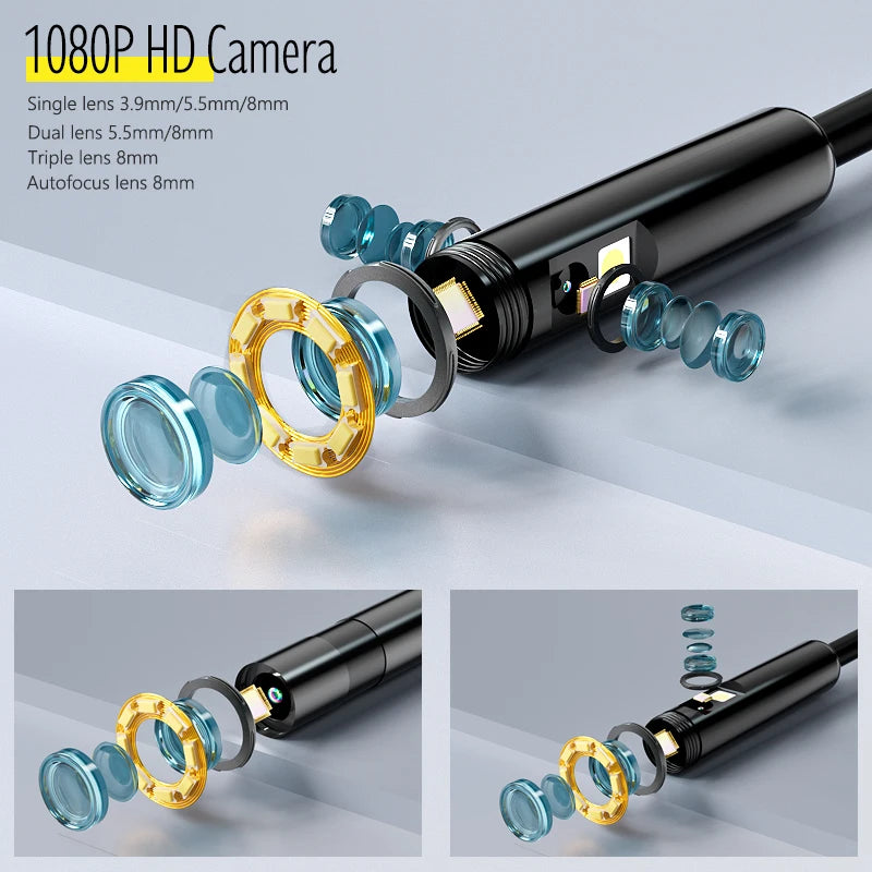 Technical diagram of a sleek black HD endoscope camera, showing its high-quality lens assembly and internal components.