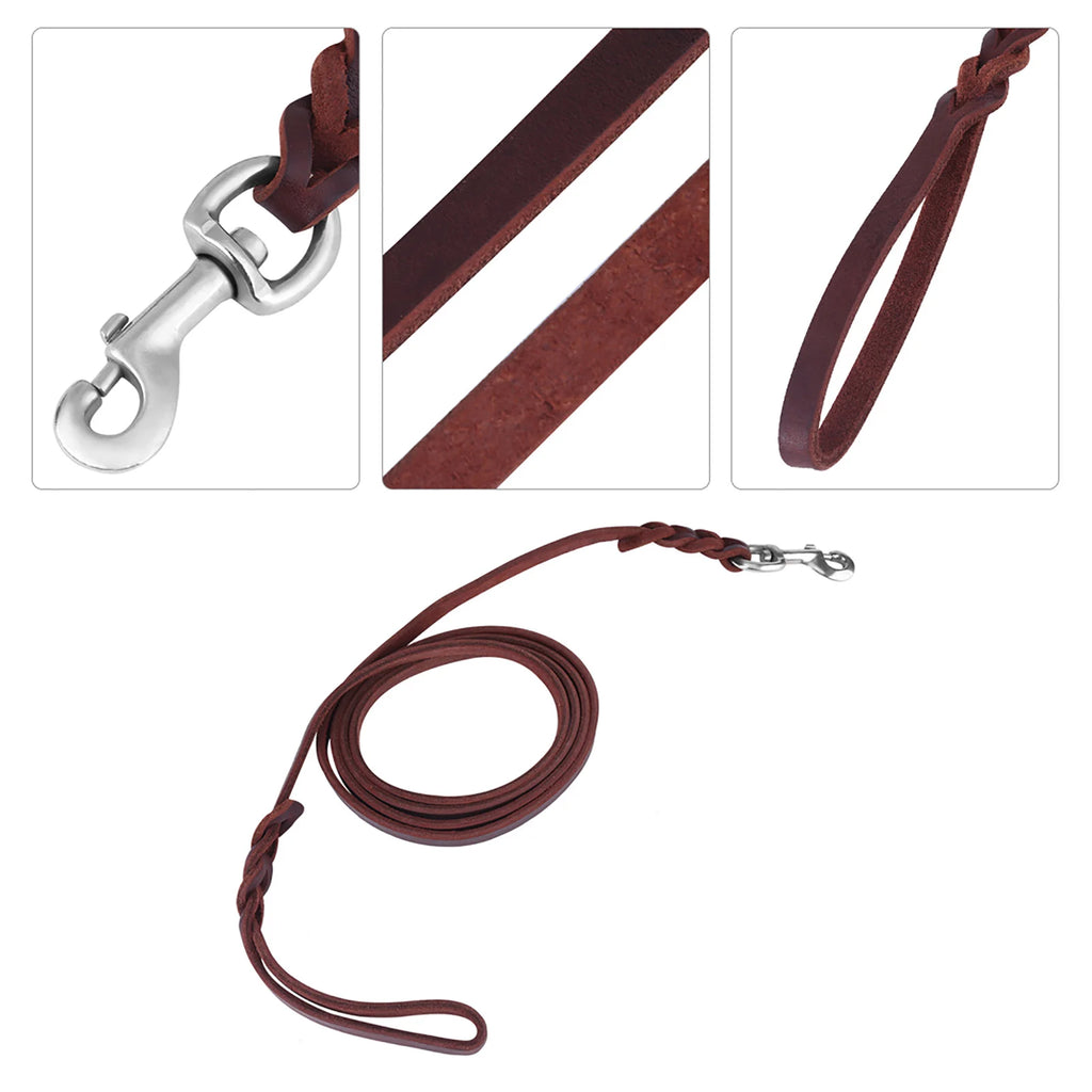 Premium dark brown leather dog lead featuring braided ends and a durable silver-tone metal clip.