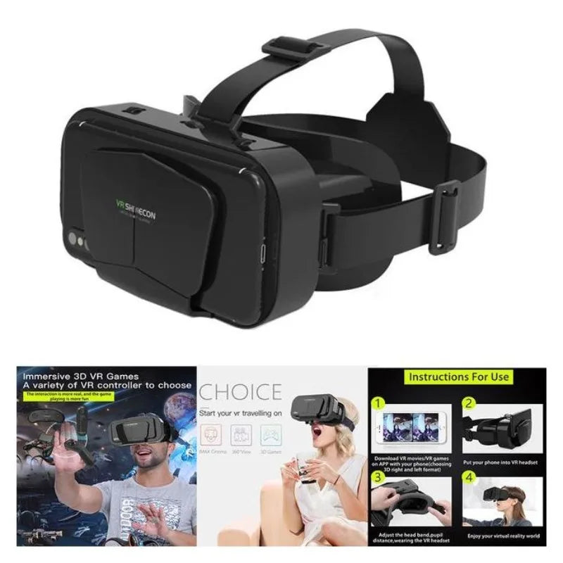 Black smartphone VR headset with adjustable head straps for immersive 3D gaming and viewing.
