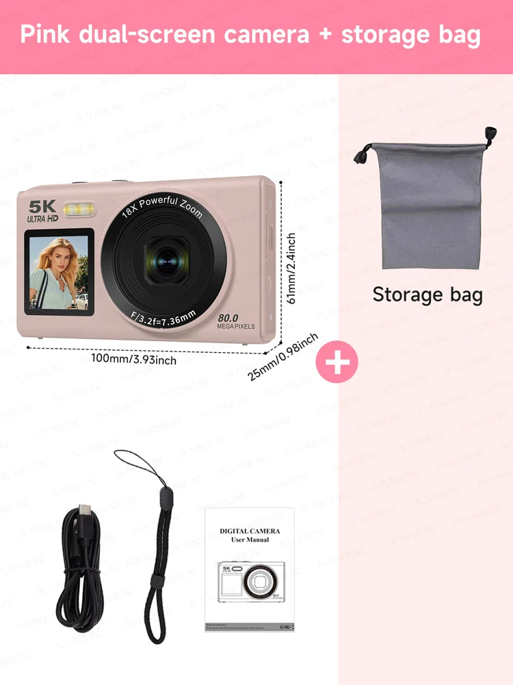 Pink 5K dual-screen digital camera with 18x zoom, a grey drawstring storage bag, charging cable, and user manual.