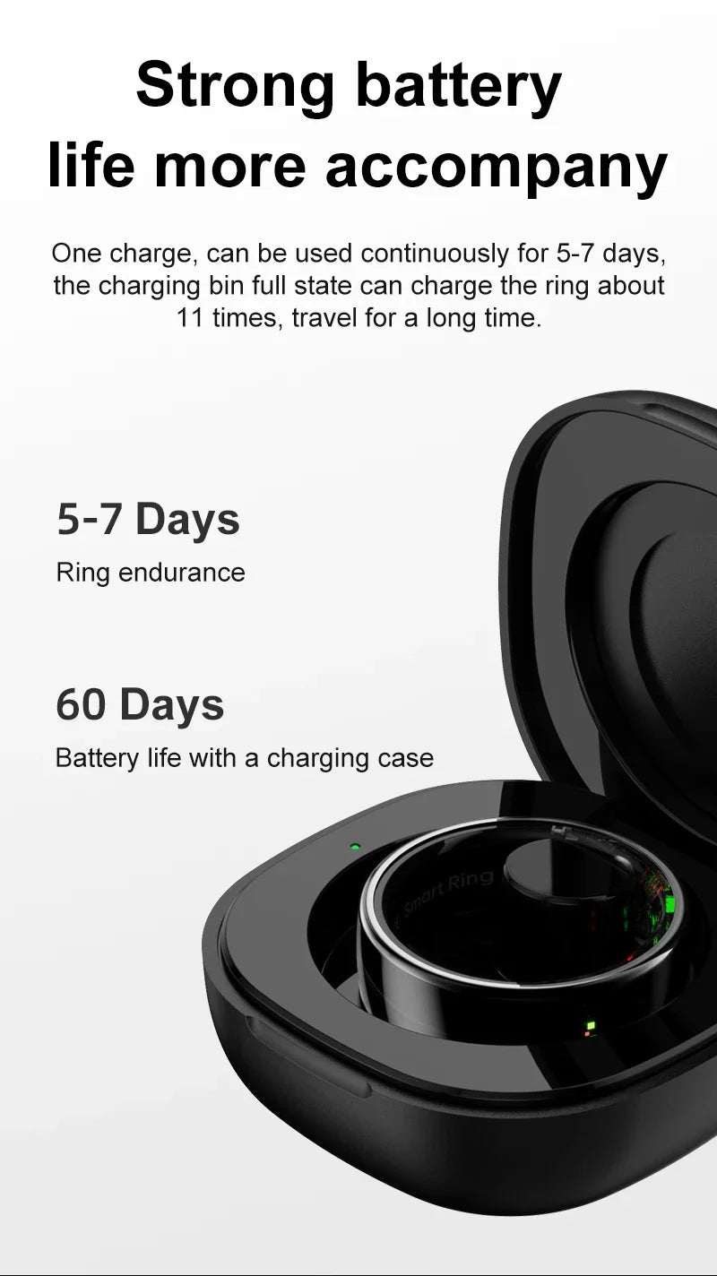 Sleek black smart health and sleep tracking ring inside its compact portable charging case.