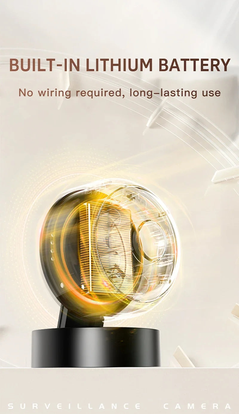 A sleek, black wireless 360° security camera with a glowing, transparent spherical lens design.