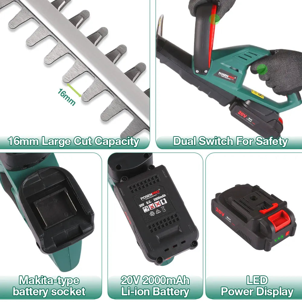 POSENPRO 20V green hedge trimmer features, showing 16mm blade, dual safety switches, and 2000mAh battery.