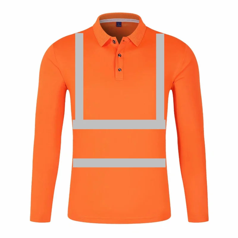 Orange high-visibility long-sleeve polo shirt with reflective silver strips, a button-up collar and ribbed cuffs.