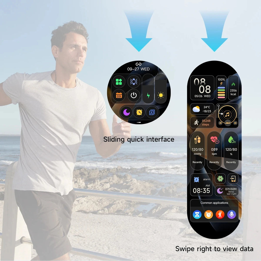 Smart watch showing a sliding interface and health tracking data including heart rate, steps, and sleep statistics.