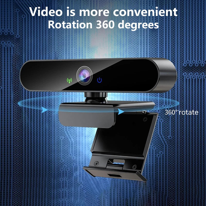 Sleek black 4K USB webcam with a flexible stand, featuring a 360-degree rotating design for versatile positioning.