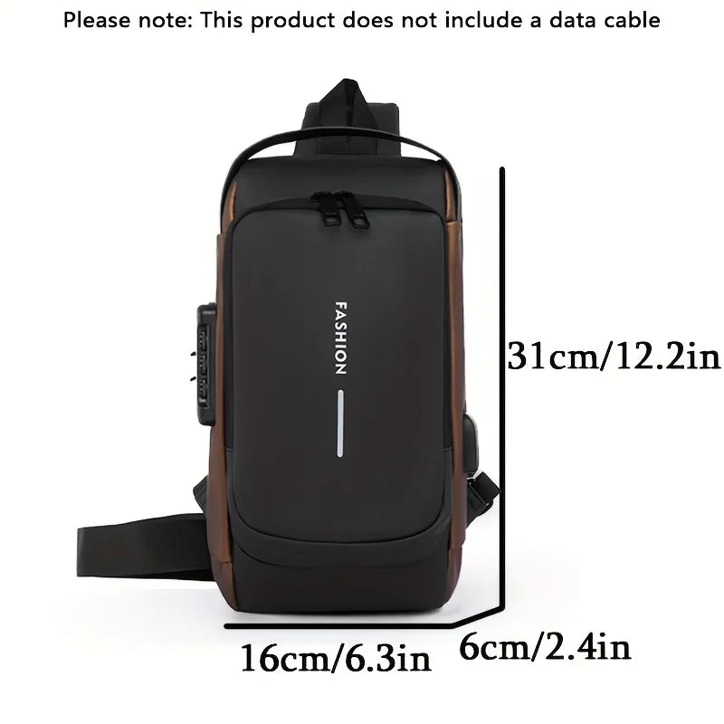 Black and brown waterproof men's sling bag with anti-theft zip, USB charging port, and dimensions shown in centimetres.