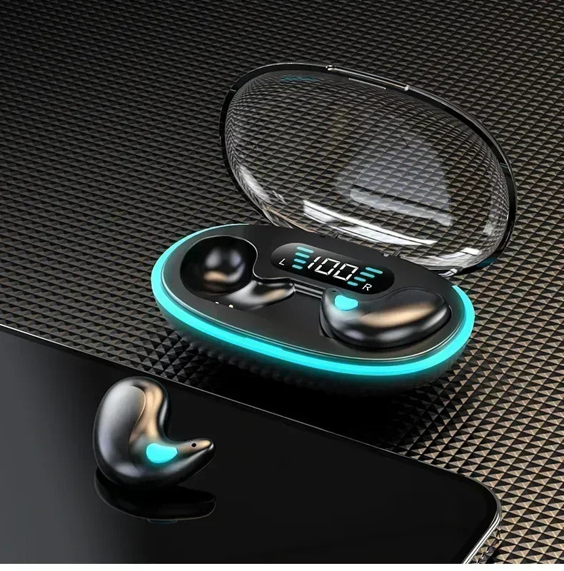 Black wireless earbuds with teal light accents and a charging case featuring a digital battery display.