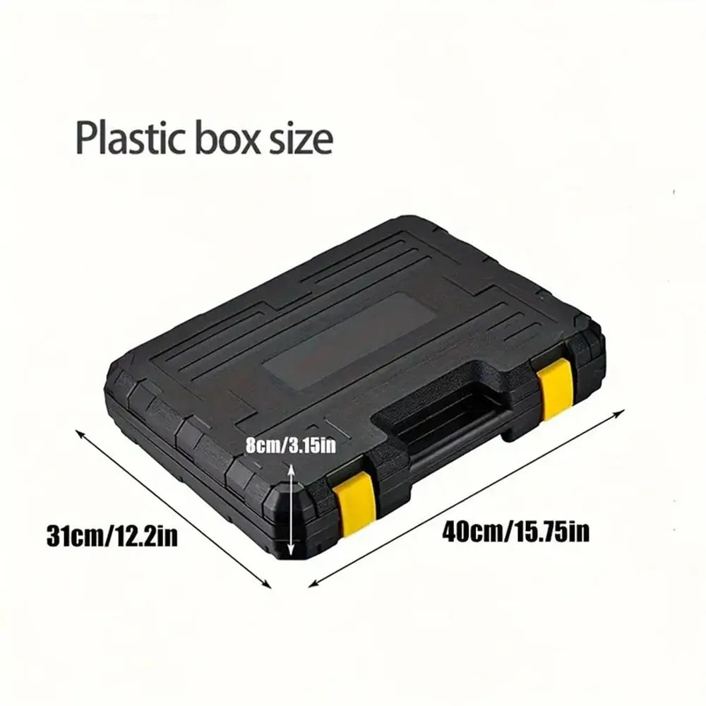 Closed black plastic tool set storage box with yellow latches and dimensions 40x31x8 cm.