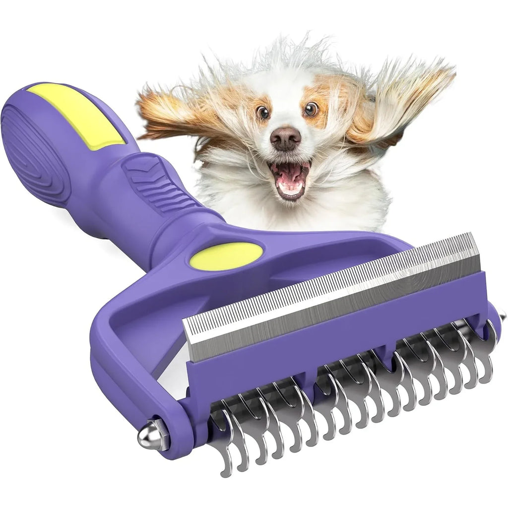Purple pet grooming rake with dual metal blades and a textured handle, set against a white background.
