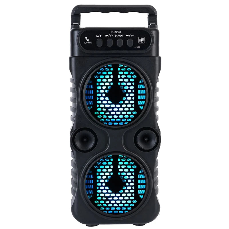 Black portable wireless speaker with a carry handle, dual speakers, and vibrant blue LED light effects.