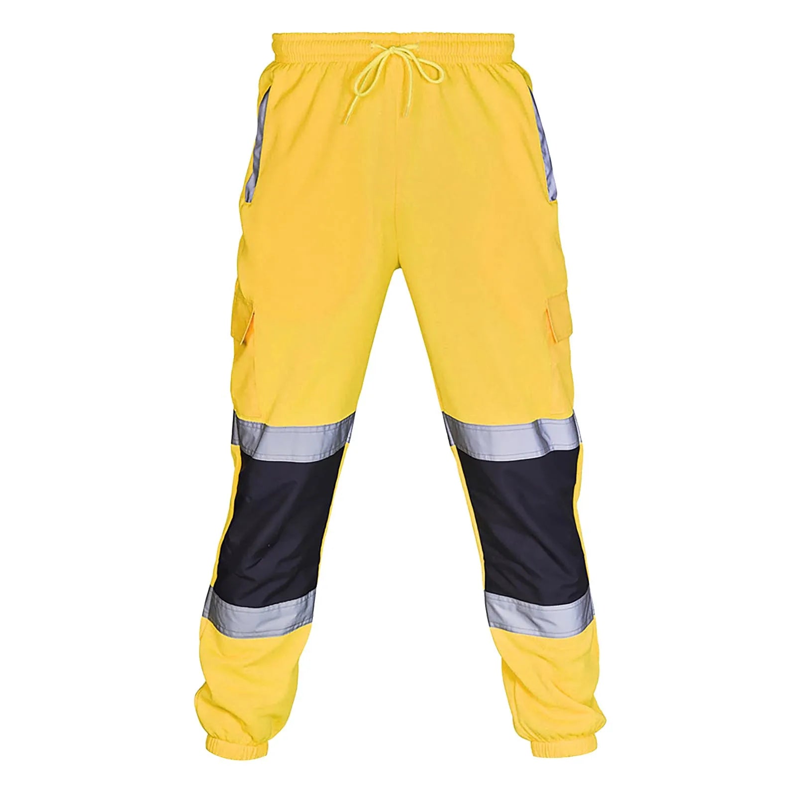 Men's yellow high-vis work trousers with black knee panels, reflective strips, elasticated waist and side pockets.