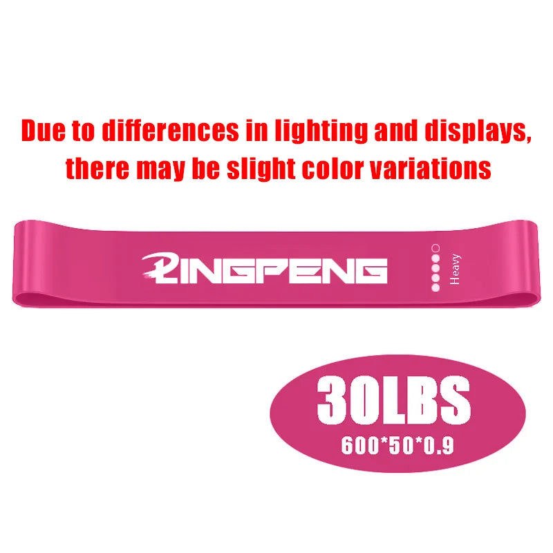 Pink heavy-resistance exercise band with Ringpeng branding and 30lbs tension specification.