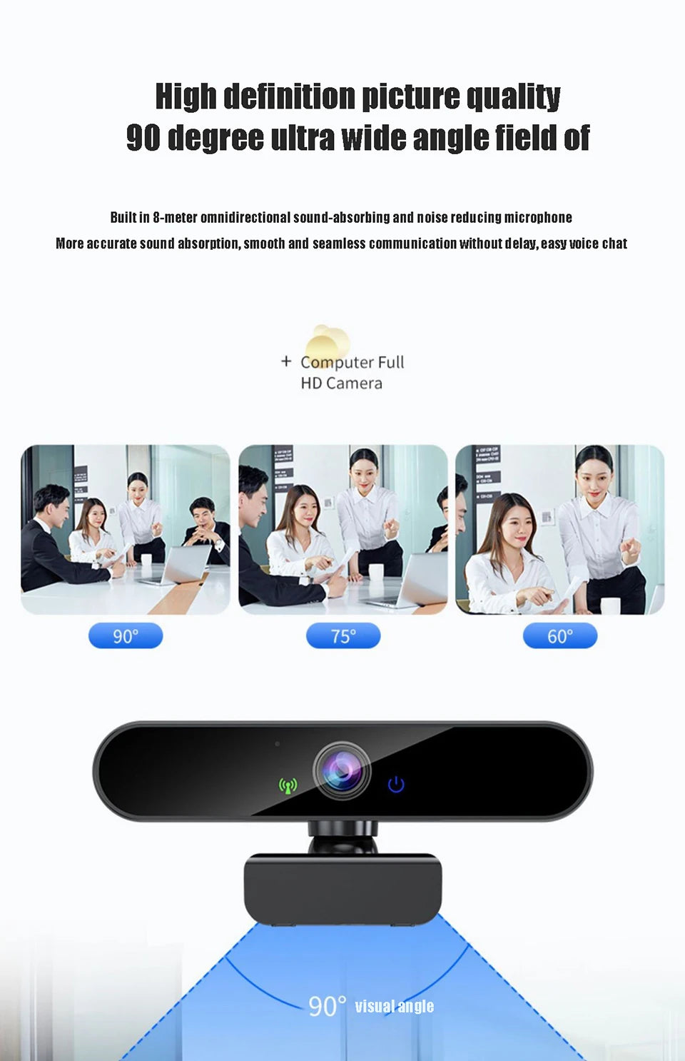 Sleek black 4K USB webcam with a wide-angle lens, adjustable mount, and built-in noise-reducing microphone.