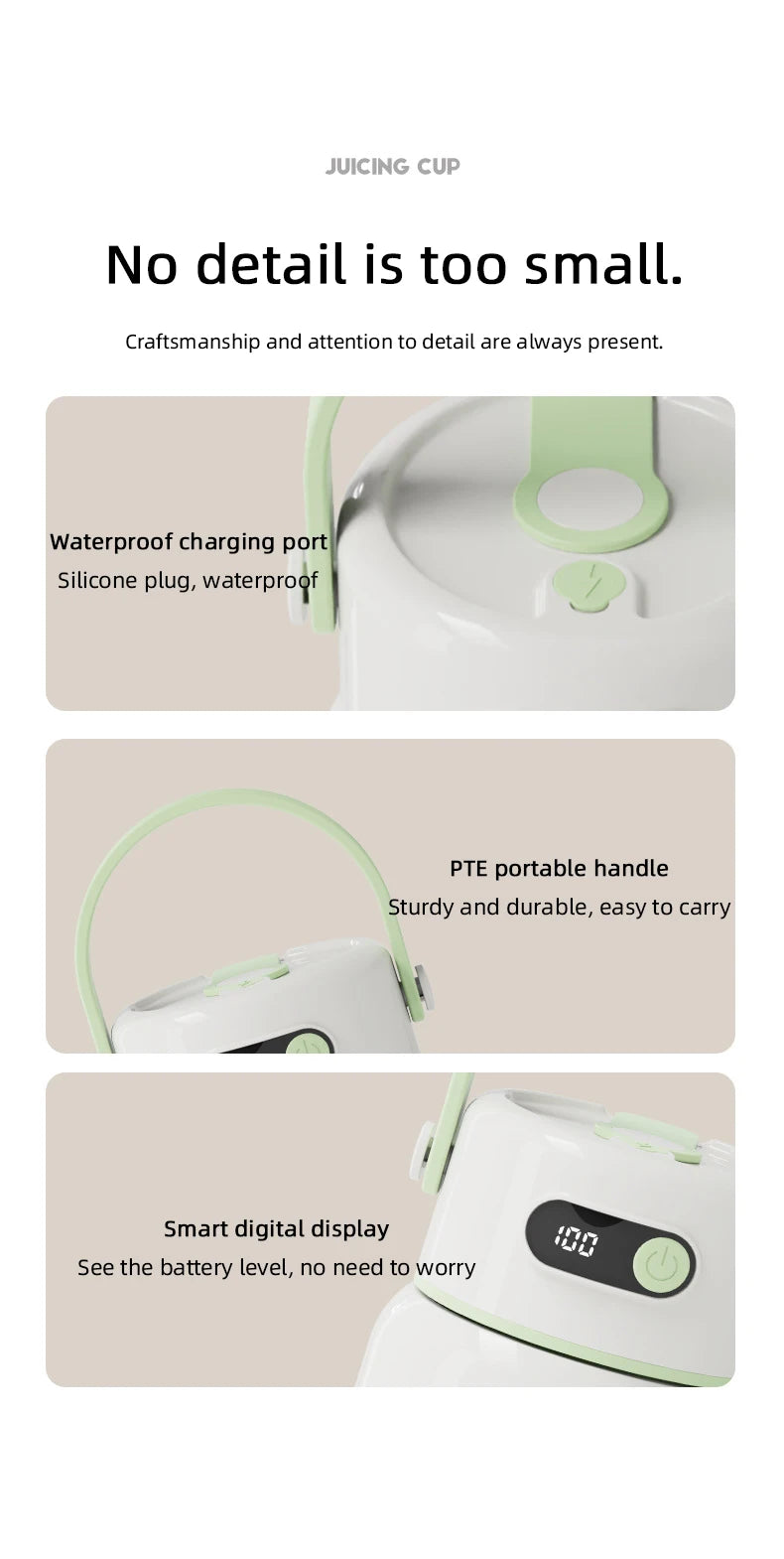 White portable juicer cup with light green handle, waterproof charging port, and digital battery display.