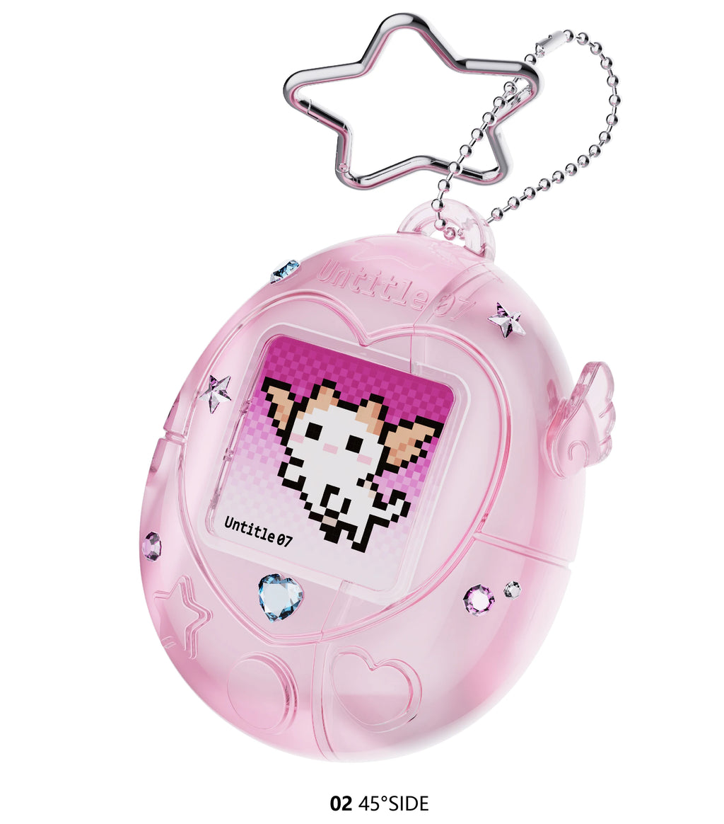 Pink, translucent plastic AirPod case shaped like a retro virtual pet with crystal accents and a star keyring.