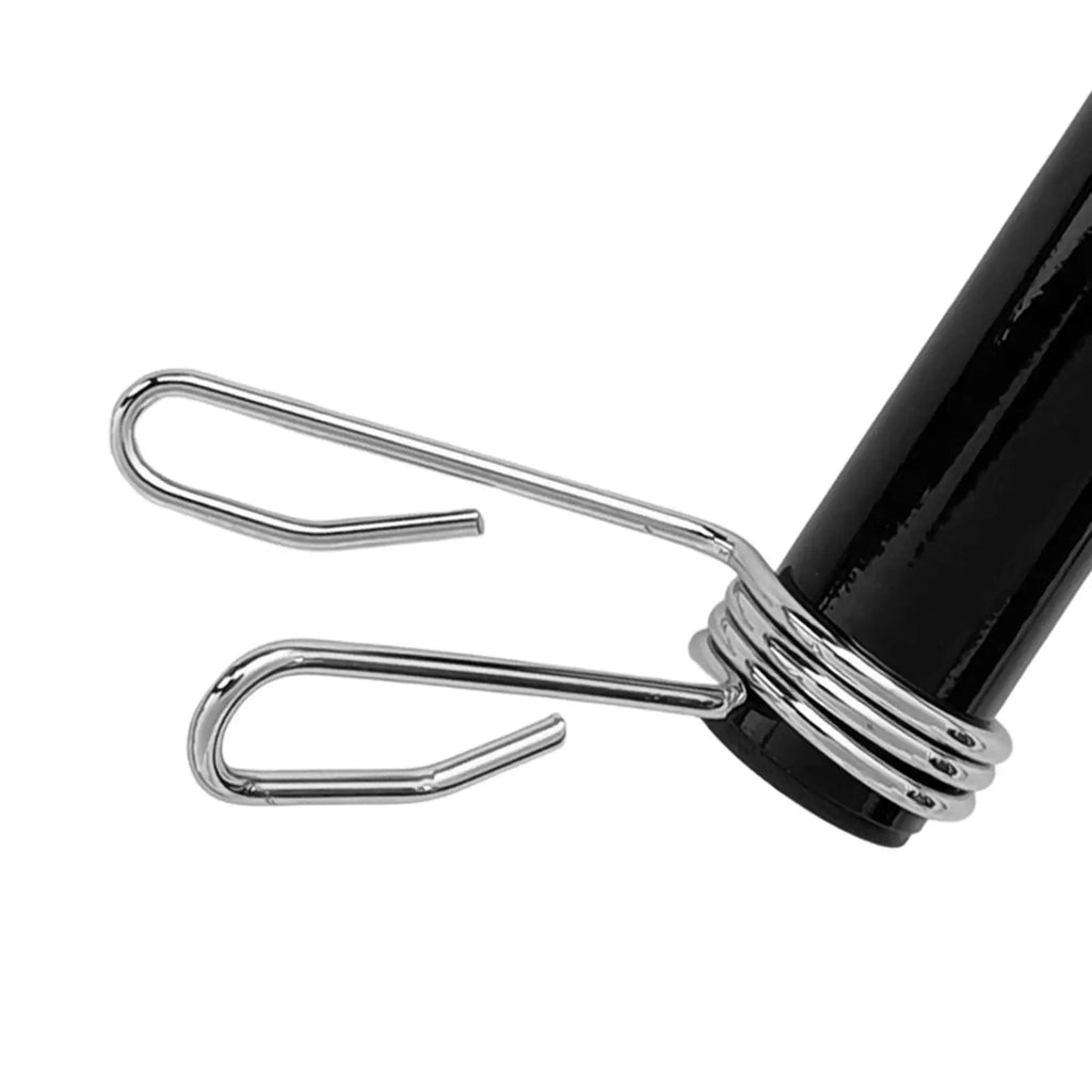 Black gym weight stack loading pin with a polished chrome spring-loaded safety clip attachment.