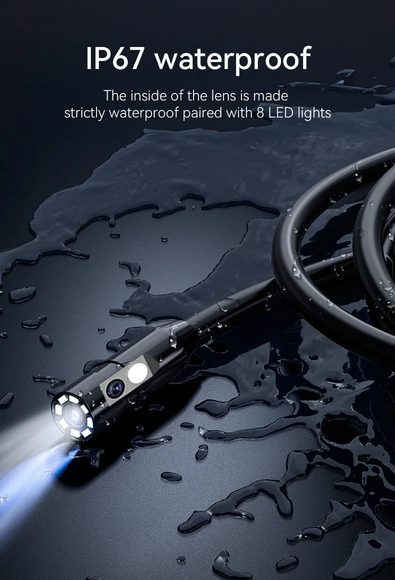 Black dual-lens inspection camera cable with 8 LED lights, shown wet to demonstrate its IP67 waterproof rating.
