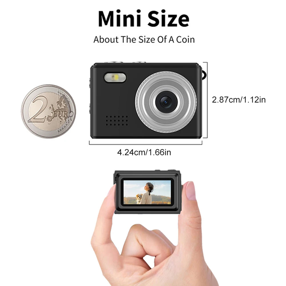 Small black digital camera with a silver lens, shown next to a 2 euro coin for scale.