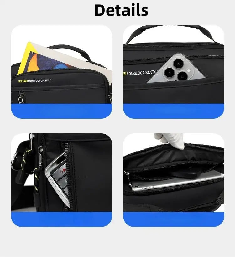 Four close-up views of a black, multi-pocket travel crossbody bag showing storage for a tablet, phone, and essentials.