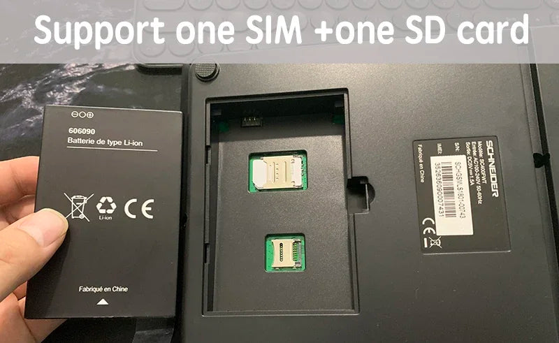 Black device interior showing slots for one SIM card and one SD card, with the removable lithium-ion battery adjacent.