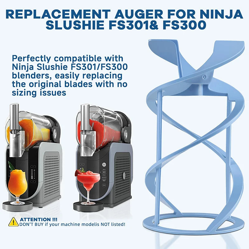 Light blue, plastic, spiral-shaped replacement auger for a slushie machine, shown next to two slushie makers.