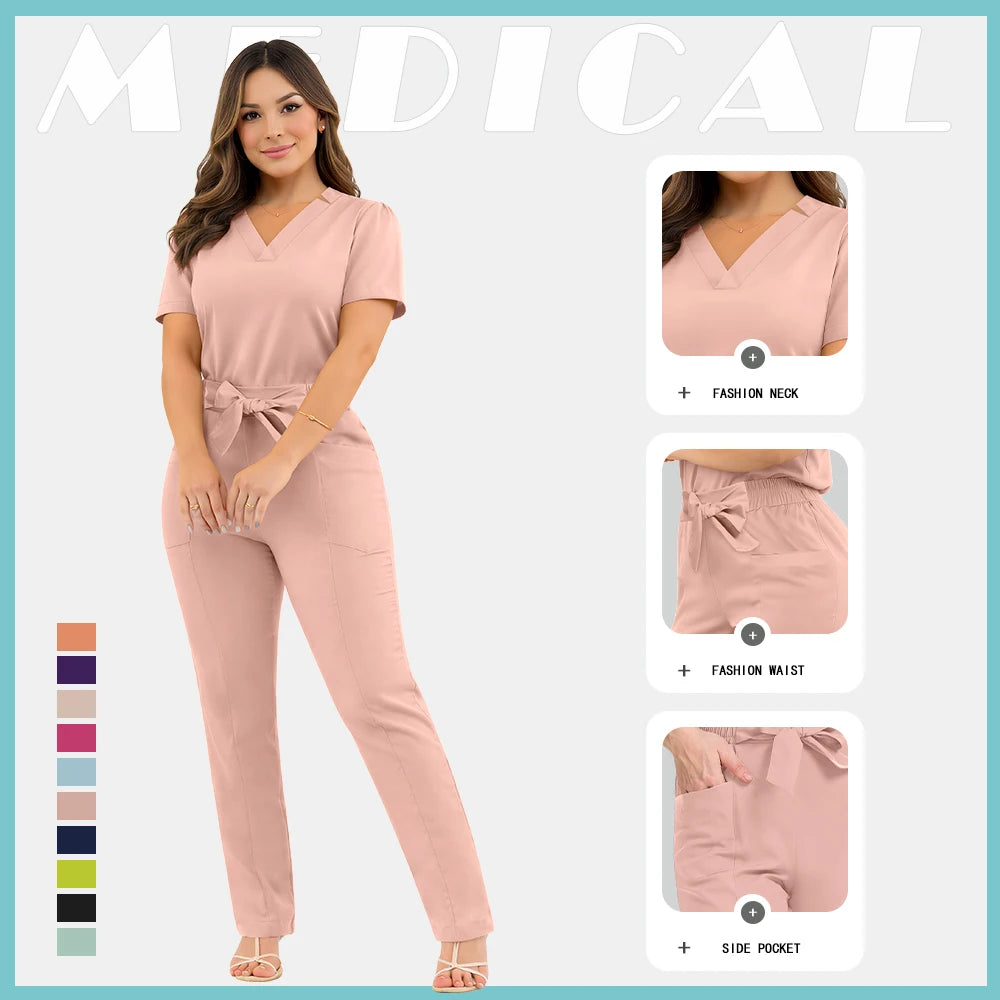 A model wearing a dusty pink V-neck scrub set with a tie-waist, elasticated waistband, and practical side pockets.