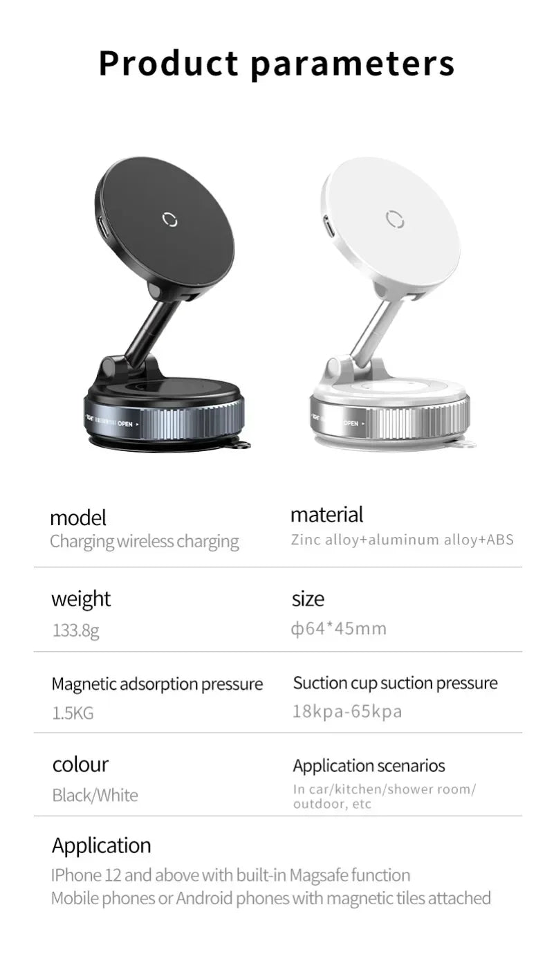 Adjustable magnetic wireless phone chargers in black and white with a metallic base and suction cup design.