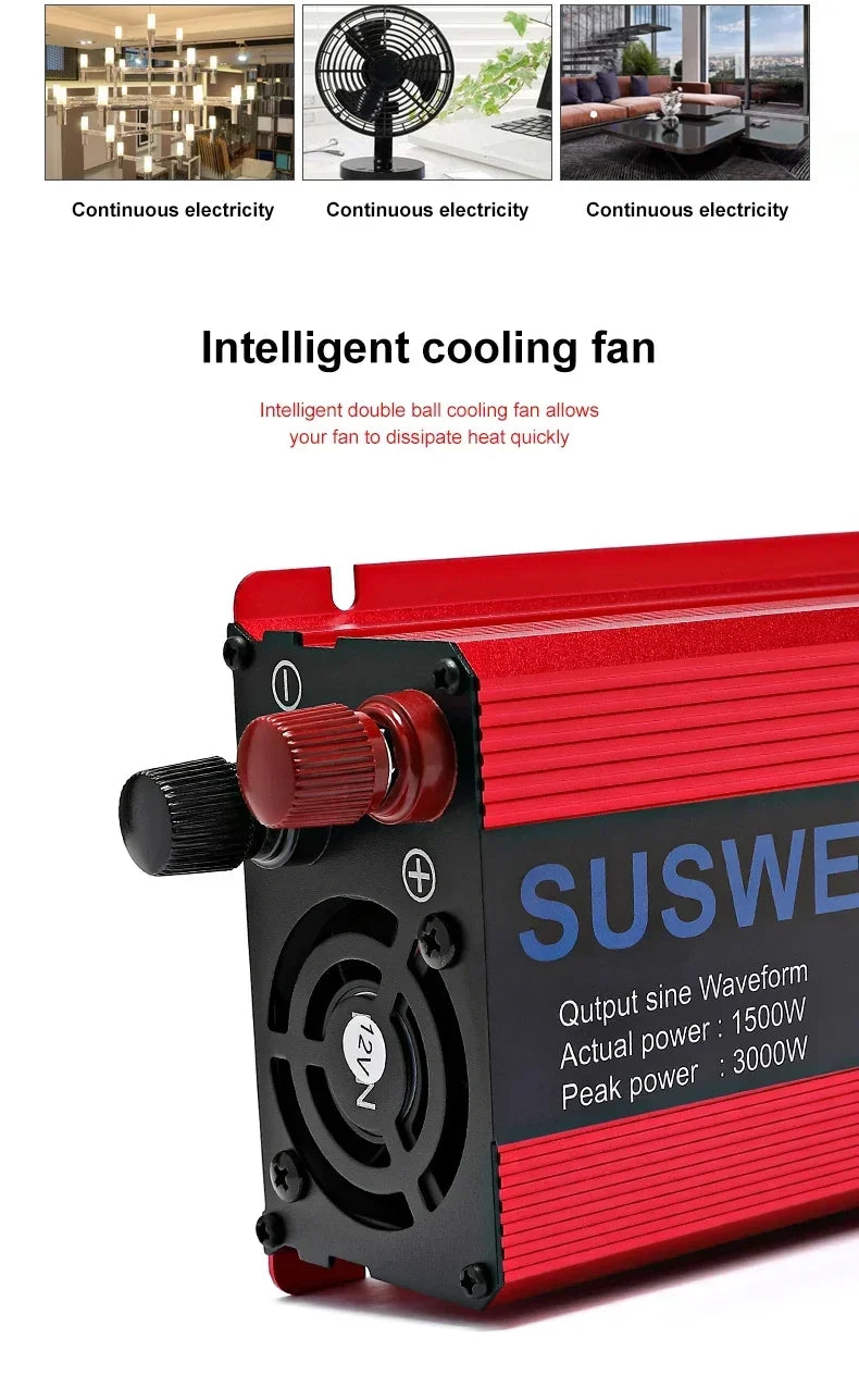 Red and black DC to AC power inverter with a built-in cooling fan, terminal knobs, and 1500W power output.