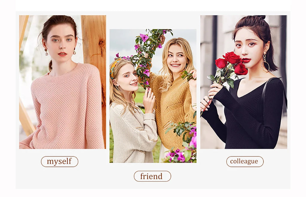 Three women wearing stylish knit sweaters in pink, beige, and black, representing various social settings.