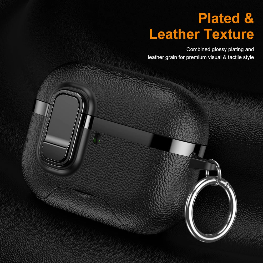 Black leather-grain AirPods Pro case with glossy plated accents and a silver key ring.