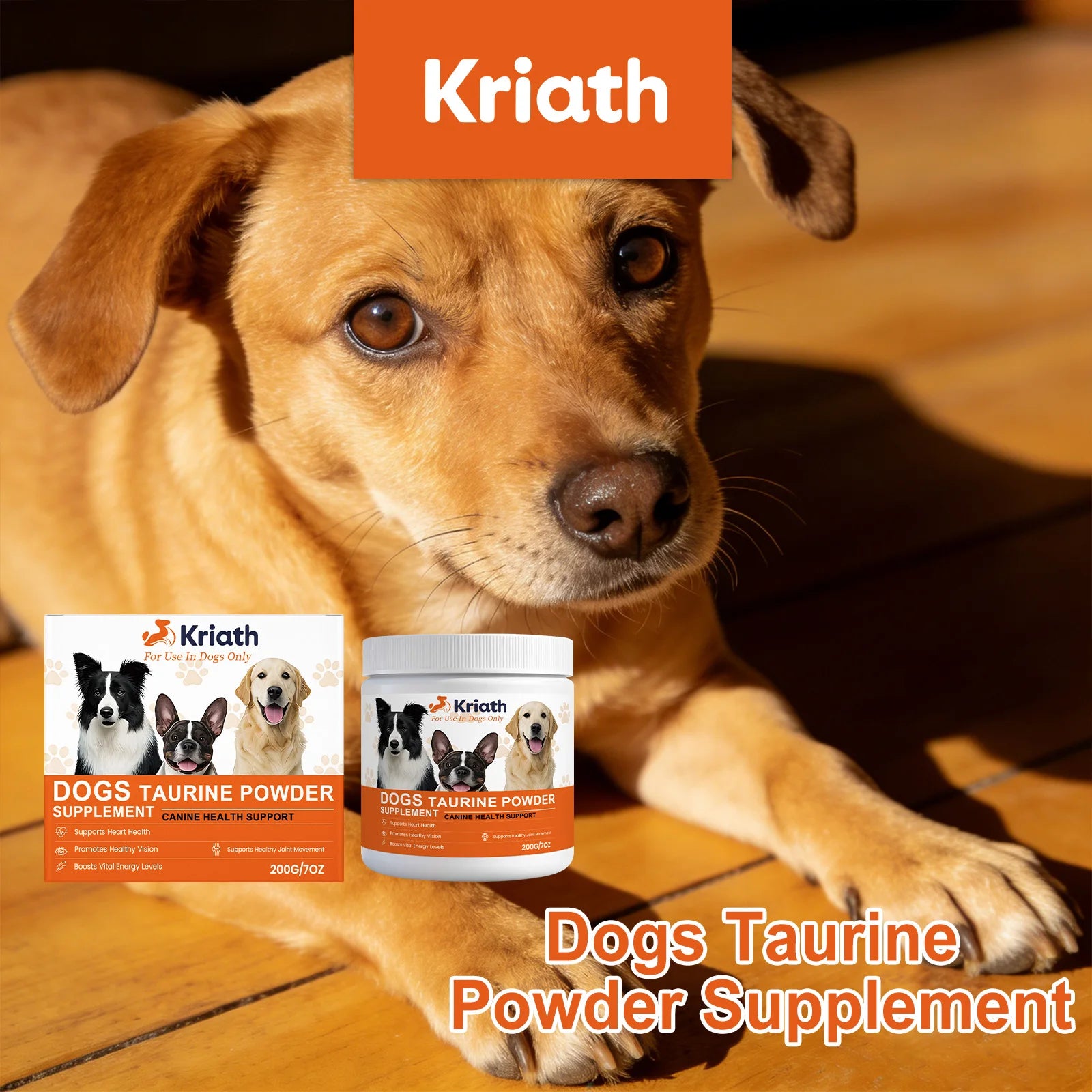 White jar of canine taurine powder supplement featuring dog imagery, promoting heart, vision, and joint health.