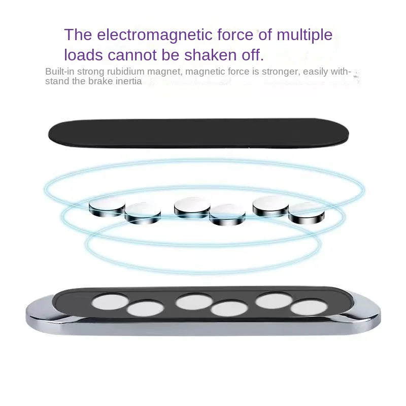 A slim, black magnetic phone mount with a chrome base and six internal silver magnets arranged in an oval shape.