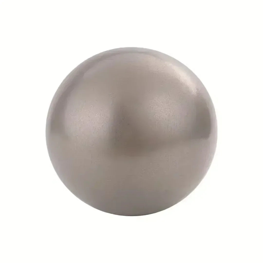 A polished, metallic grey decorative sphere on a plain white background.