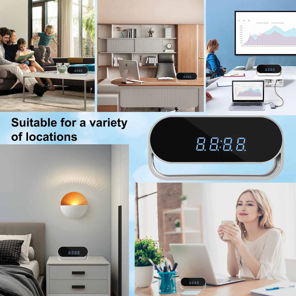Oval-shaped digital alarm clock with a black screen, blue light display, and a silver frame on a stand.