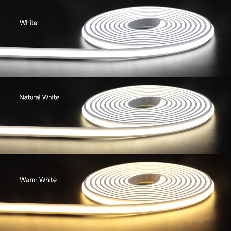 Smart LED neon strip light coiled in three colour temperatures: cool white, natural white, and warm white.