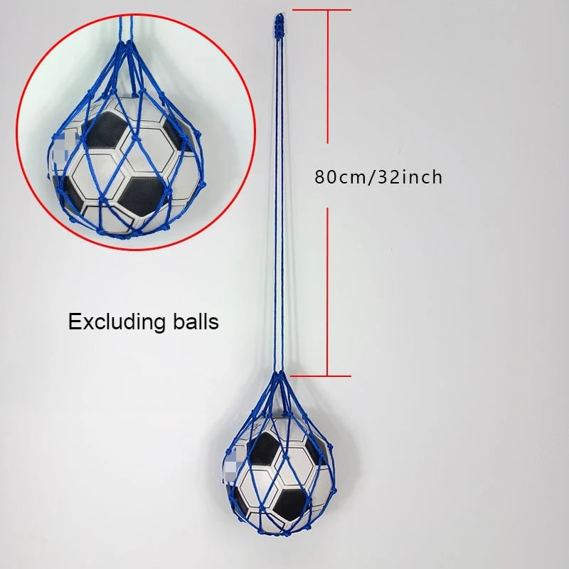 Blue hanging ball storage net, 80cm long. Durable nylon mesh design for sports balls. Ball not included.