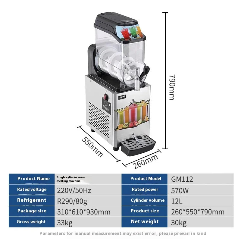 Commercial single-cylinder slushie machine in stainless steel with a clear 12L tank, black lid, and drip tray.